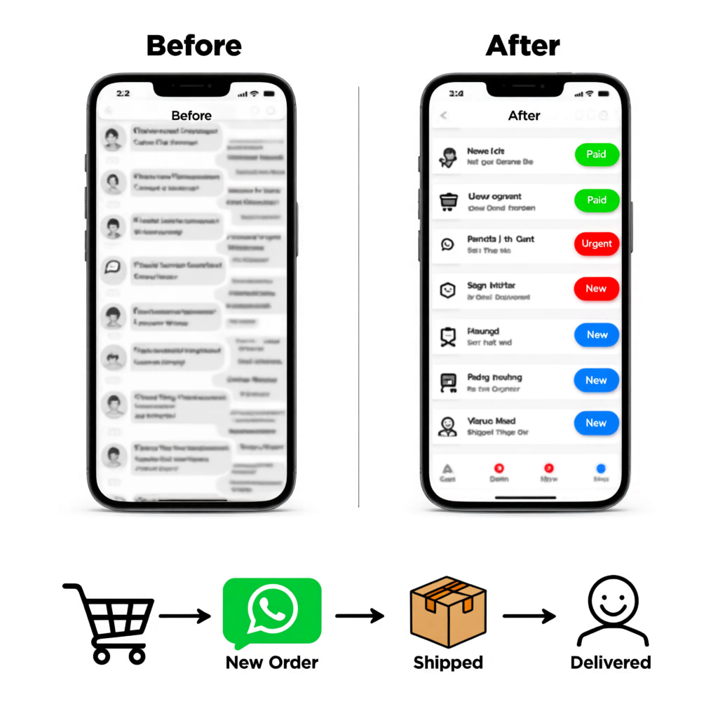 Screenshot demonstrating how to long-press and assign a colored label to a customer chat in WhatsApp Business.