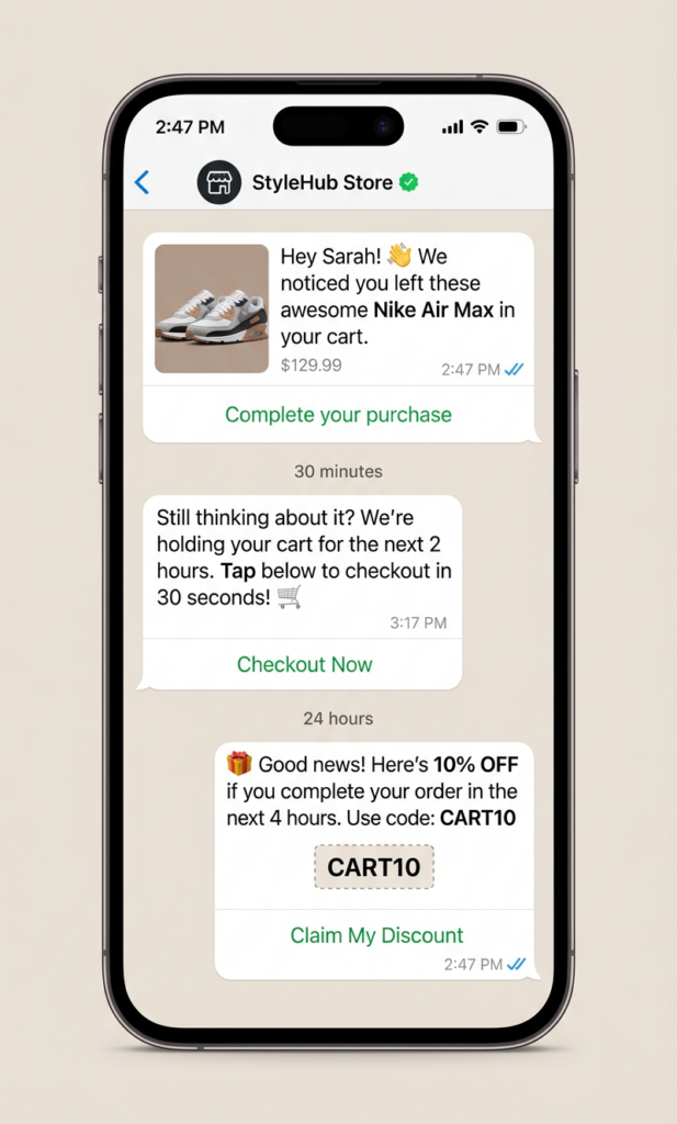 WhatsApp abandoned cart recovery message sequence showing three automated follow-up messages with product images and discount offer