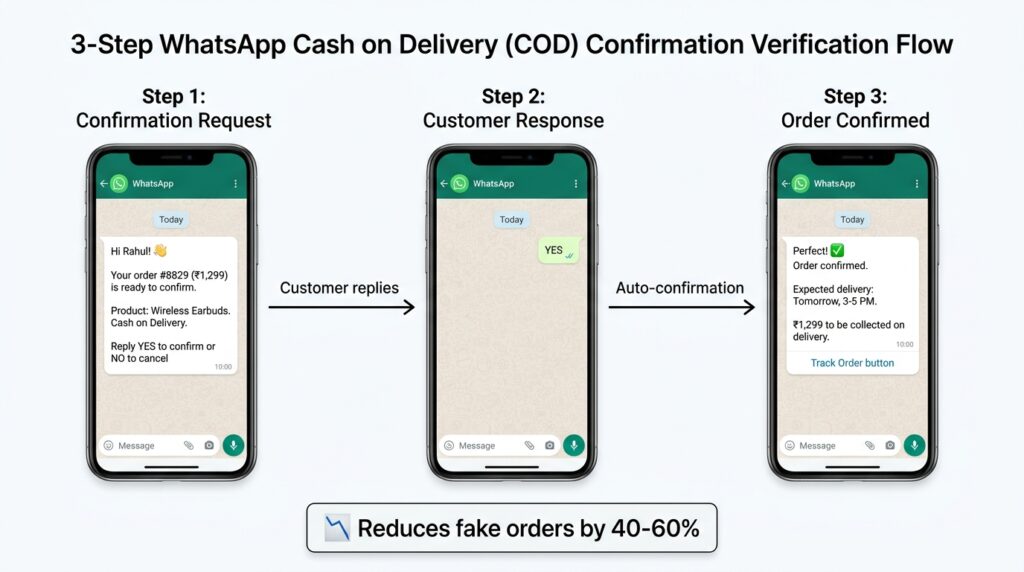 WhatsApp COD confirmation flow showing three-step verification process from order placement to confirmation for cash on delivery orders
