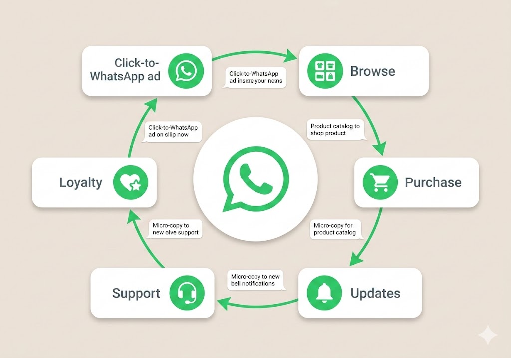 WhatsApp ecommerce customer journey diagram showing six stages from discovery to loyalty