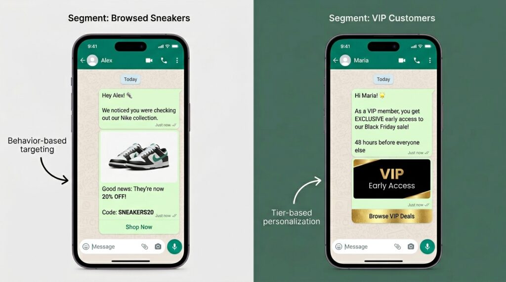 WhatsApp personalized marketing broadcast examples showing behavior-based and VIP customer segmentation with different targeted messages