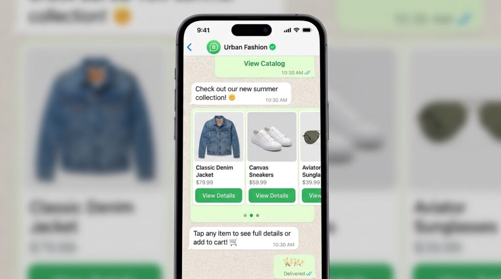 WhatsApp product catalog carousel showing three products with images, prices, and view details buttons in mobile chat interface